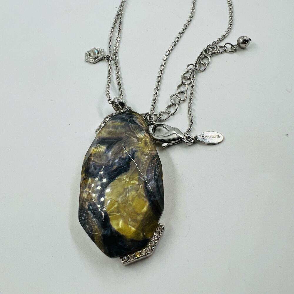 Chico’s Long Pendant Necklace Silver Tone Chain Acrylic Over Foil  Blue Gold